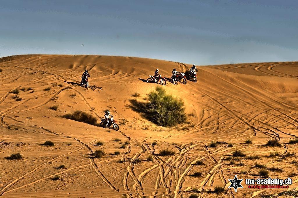 Weite Sanddünen in Dubai, durchzogen von Reifenspuren der Bikes
